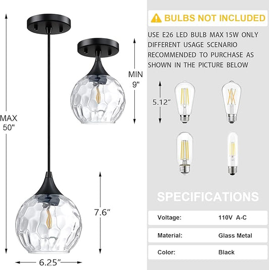 Doraimi Lighting 6.25" Texture Glass Pendant Light 3 Pack Pendant Ceiling Light Fixtures Black Finish Modern Farmhouse Dinning Over Sink Adjustable Height Cord