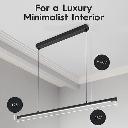 LED Linear Pendant Light, Office Light, Flicker-Free, Non Dimmable, Modern Ceiling Lighting for Bedroom Dining Room Table, 20W 3000K Warm Light 47.2" Black