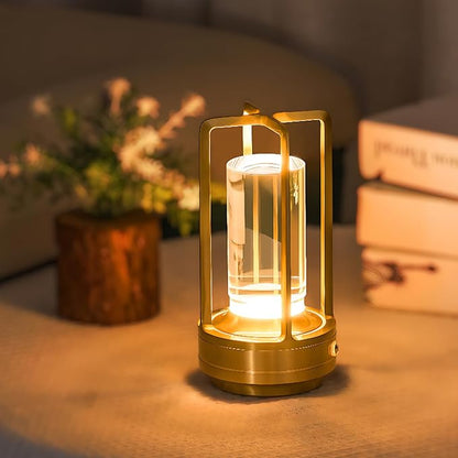 Rechargeable Table Lamp Cordless, 3 Color | Crystal | Stepless Dimming, for Bedroom, Cafe, Camping, Bar, Dining Table, Restaurant, Gold
