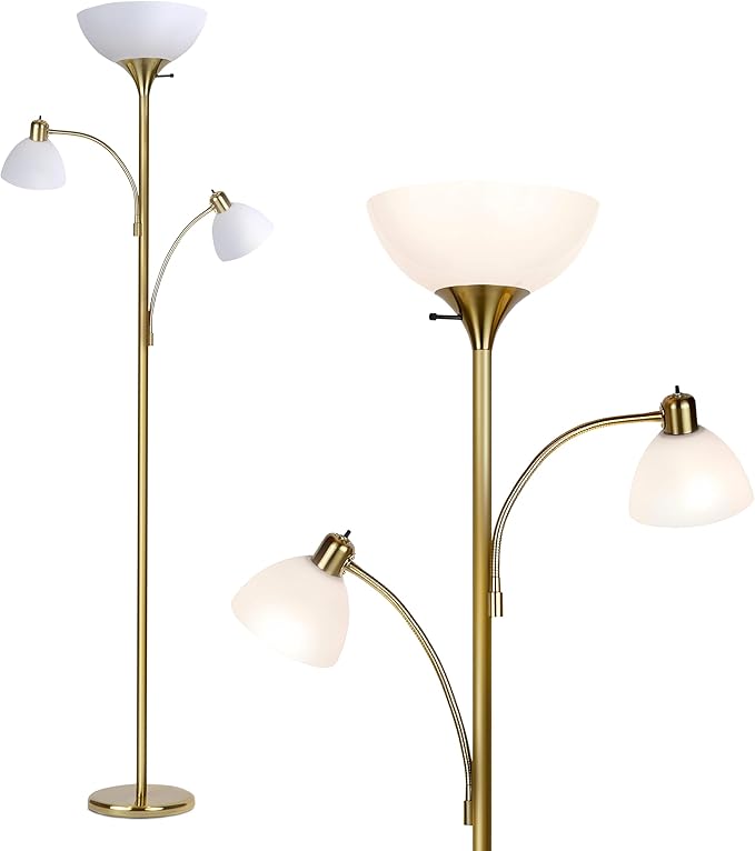 Brightech Sky Dome Double LED Floor lamp, Torchiere Super Bright Floor Lamp with 2 Reading Lamps for Living Rooms & Offices - Dimmable Tall Standing Lamp for Bedroom Reading - Tall Brass Pole