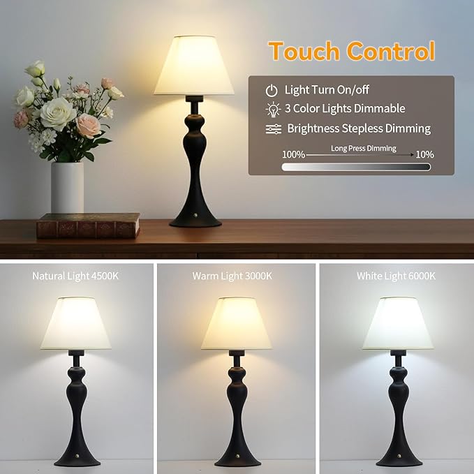 Cordless Table Lamp,Portable Fabric Shade LED Desk Lamps,5200mAh Battery Operated, 3 Color Stepless Dimming Up, for Restaurant, Bedroom,Camping,Coffee Shop,Bar,Night Light(Black)