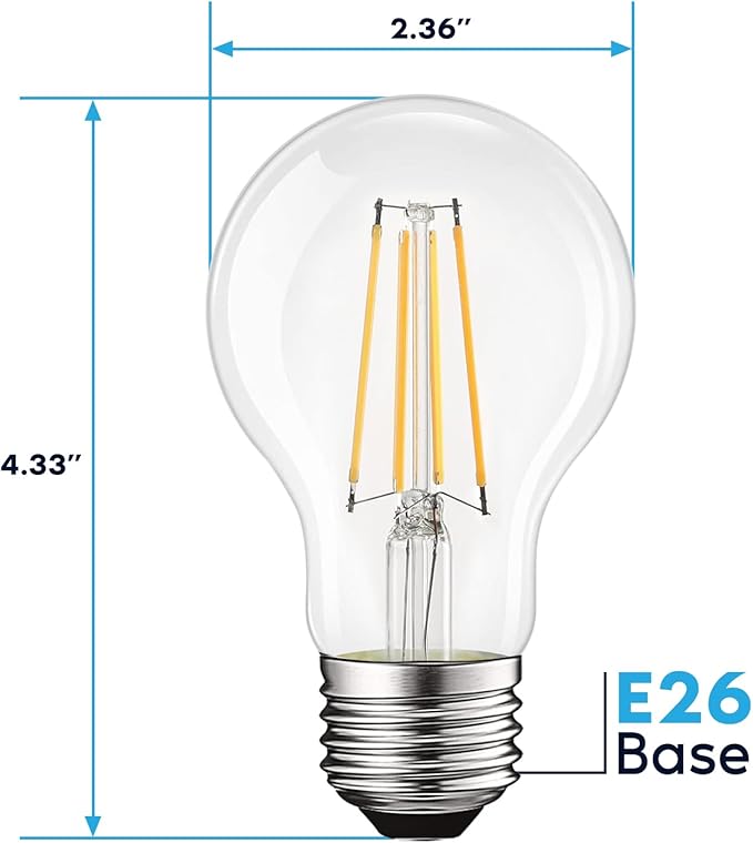 LUXRITE Vintage A19 LED Light Bulbs 60W Equivalent, 3500K Natural White Dimmable, 800 Lumens, Standard LED Edison Bulb 8W, UL Listed, E26 Base (4 Pack)