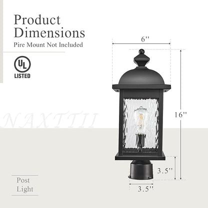 Outdoor Pole Light Aluminum Outdoor Post Light Hard Wired with Water Ripple Glass Matte Black Finish 16 Inch Height Outdoor Column Lighting E26 Socket