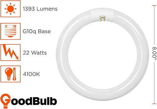 GoodBulb 22-Watt 8 Inch T9 Fluorescent Circline Light Bulb | 4100K Cool White Color | G10q Base | High Output 1393 Lumens | 10000 Life Hours 80 CRI | Pack of 12 Bulbs