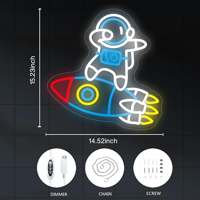 Astronauts & Rockets Neon Sign, Dimmable Spaceman LED Neon Light for Wall Decor Space Room Decor for Gifts for Teen Kids, Man Cave,Game Room