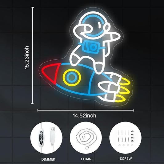 Astronauts & Rockets Neon Sign, Dimmable Spaceman LED Neon Light for Wall Decor Space Room Decor for Gifts for Teen Kids, Man Cave,Game Room