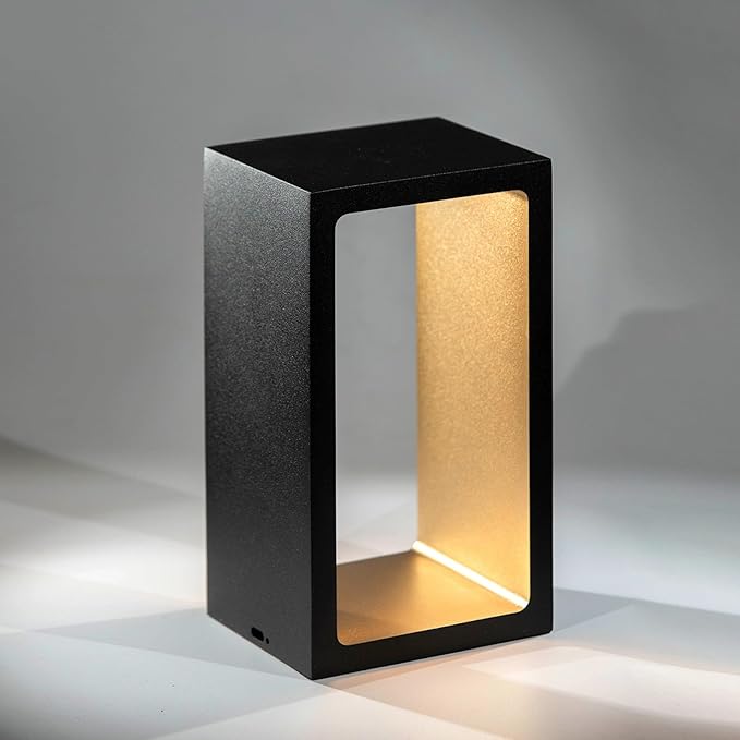 Minimalist Portable Cordless LED Desk Lamp, Adjustable Brightness Bedside Night Light, 7" High Aluminum Metal Table Lamp Battery Operated, Rechargeable Wireless Table Lamp for Home (Black + Gold)