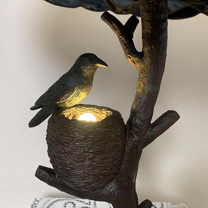 Bieye L10968 Raven Sitting on Bare Tree Branch in Full Moon Night Tiffany Style Stained Glass Table Lamp for Home Decor (Dark Blue, 16Wx24H Nest)