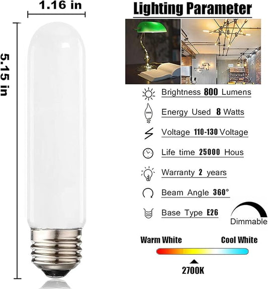 XININSUN T10 Frosted LED Bulbs Daylight White 4000K,Dimmable T10 led Light Bulbs,60-75 Watt Equivalent,8W Led Tubular Bulbs,E26 Base Bulb for Desk Lamp,Bathroom,Cabinet Display,Milk White-6Pack