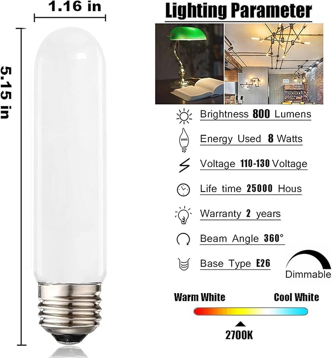 XININSUN T10 led Bulb, Dimmable T10 led Light Bulbs,8W Led Tube Bulbs, 60-75 Watt Equivalent,4000K Daylight White,E26 Base Bulb for Desk Lamp,Bathroom,Cabinet Display...(Milk White-6 Pack)