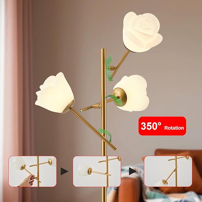 Fiqevs Gold Floor Lamp for Living Room, 3 Head Flower Tree Standing Lamp with Adjustable Lampshade, Bulbs Included, LED Sputnik Mid Century Modern Tall Reading Lamp for Bedroom, Office