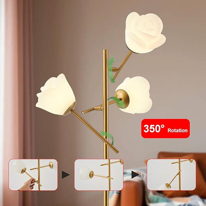 Fiqevs Gold Floor Lamp for Living Room, 3 Head Flower Tree Standing Lamp with Adjustable Lampshade, Bulbs Included, LED Sputnik Mid Century Modern Tall Reading Lamp for Bedroom, Office