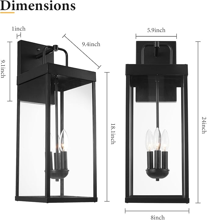 Dusk to Dawn Outdoor Wall Sconce Light, 24 Inch Tall Transitional Exterior Wall Lighting with Clear Glass, Anti-Rust Powder Coat Black Modern Outside Wall Lantern for Front Porch, DDRZ008L BK
