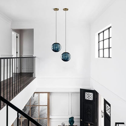KCO Lighting Glass Globe Pendant Light Single Blue Pendant Lights Kitchen Island Brushed Gold Hanging Light Fixture Mid Century Retro Hanging Lamp Vintage Striped Pendant Light