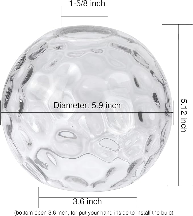 Glass Lamp Shade Replacement Globe & Cover for Lighting Fixture, 5.9" Diameter, 1-5/8 inch Fitter, 2 Pack Clear Hammered Vanity Globe Lamp Shade