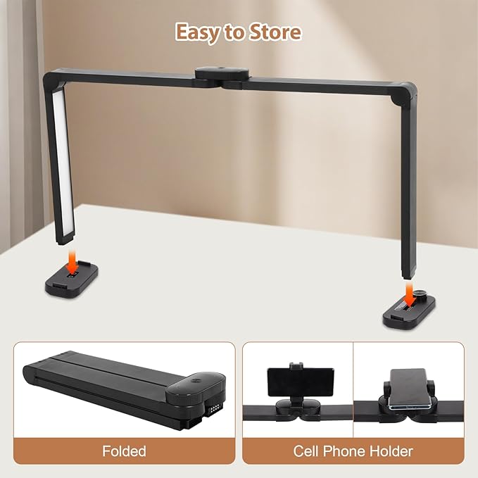 FAHKNS Large Half Moon Light for Nail Desk, 34IN Foldable LED Lamp with Phone Holder, 3000-6000K Color Temperature Adjustment, 456 Light Beads, Manicuret, Tattooing, Reading, Black