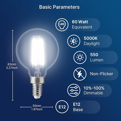 FLSNT 60W Equivalent LED Globe Candelabra Bulbs, Dimmable G16.5 LED E12 Chandelier Light Bulbs, 550LM, CRI82, 5.5W, AC 120V, 12 Pack, 5000K Daylight