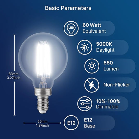FLSNT 60W Equivalent LED Globe Candelabra Bulbs, Dimmable G16.5 LED E12 Chandelier Light Bulbs, 550LM, CRI90, 5.5W, AC 120V, 6 Pack, 5000K Daylight