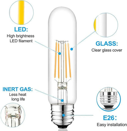 5 Inch E26 Led Bulb Equal 80 Watt, 4000k Neutral White Edison Bulb 6W Dimmable, 800LM T10 T9 Clear Glass Tubular Light Bulbs AC 120V for Chandelier Pipe Pendant Wall Light - UL Cert 6Pack