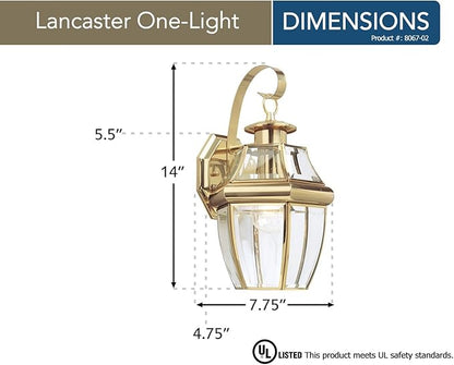 Generation Lighting 8067-02 Lancaster Traditional One - Light Outdoor Wall Lantern Outside Fixture, Polished Brass Finish