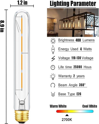 T10 Led Bulbs 4W Dimmable E26 Tubular Bulb Equal 40 Watt E26 Long Tube Light Bulb 8.9Inches 2700K Warm White Edison Style Vintage Led Bulb,6-Pack.