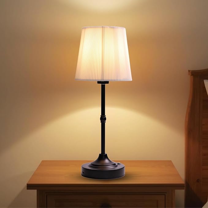 Rechargeable Cordless Table Lamp, Warm Desk Light, Wireless Touch Lamps with Stepless Dimmable Brightness & Fabric Shade for Nightstand Bedside Living Room (Black, Twill)
