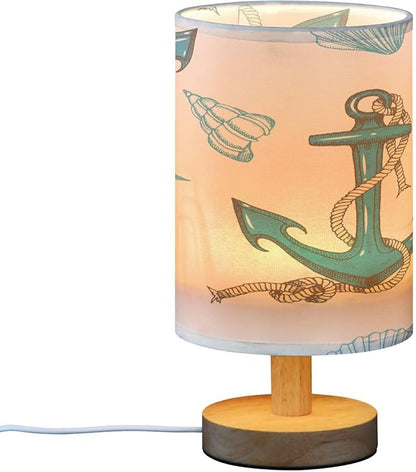 Bedside Lamp Nautical Anchors Seashells Table Lamp for Bedroom LED Nightstand Lamp Shade USB Ports Wood Base for Living Room Dorm Office