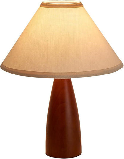 Bedside Table Lamp for Bedroom, Mid-Century Modern Plug in Fabric Shade & Solid Wood Base Desk Lamp, Plug & Play Red Wood Nightstand Lamp for Living Room, Office 【Bulb Included】