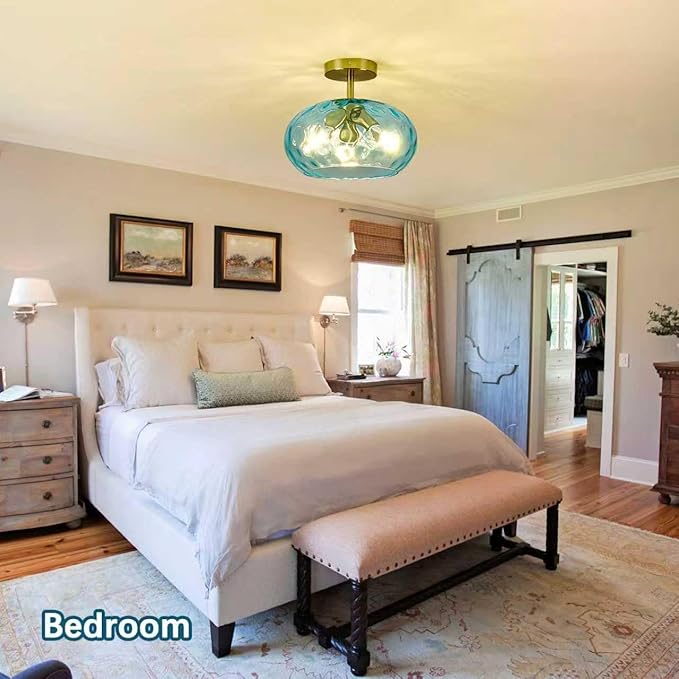 Blue Glass Semi Flush Mount Ceiling Light - 12 Inch Hammered Glass Hallway Light fixtures Ceiling, Vintage Gold Flush Mount Ceiling Light,Mid Century Light Fixture for Bedroom Entryway Kitchen