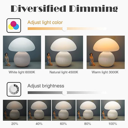 Cute Small Mushroom Lamp, PE Lampshade, Ceramic Spherical Base, Adjustable Light Color and Brightness, Safe USB Powered, Energy-Saving LED Mushroom Light for Bedroom Living Room (White)
