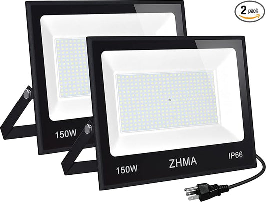 2 Pack 150W Led Flood Lights Outdoor, 12000LM Super Bright Work Light, IP66 Waterproof, 6500K Daylight White, Outdoor FloodLights for Backyard,Playground,Basketball Court