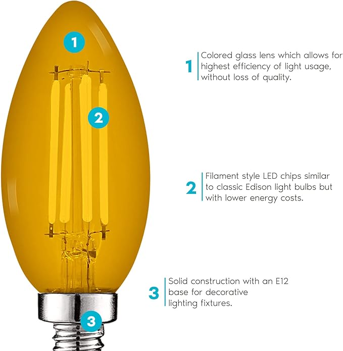 Luxrite E12 LED Filament Yellow Light Bulbs, 4.5W (40W Equivalent), Colored Glass Candelabra Bulb, UL Listed, E12 Base, Indoor Outdoor, Porch, Decoration, Party, Holiday, Event, Home Lighting (6 Pack)
