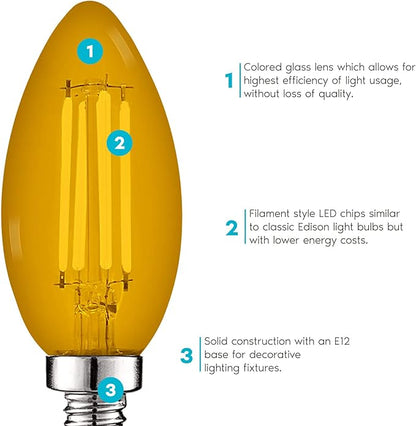 Luxrite E12 LED Filament Yellow Light Bulbs, 4.5W (40W Equivalent), Colored Glass Candelabra Bulb, UL Listed, E12 Base, Indoor Outdoor, Porch, Decoration, Party, Holiday, Event, Home Lighting (6 Pack)