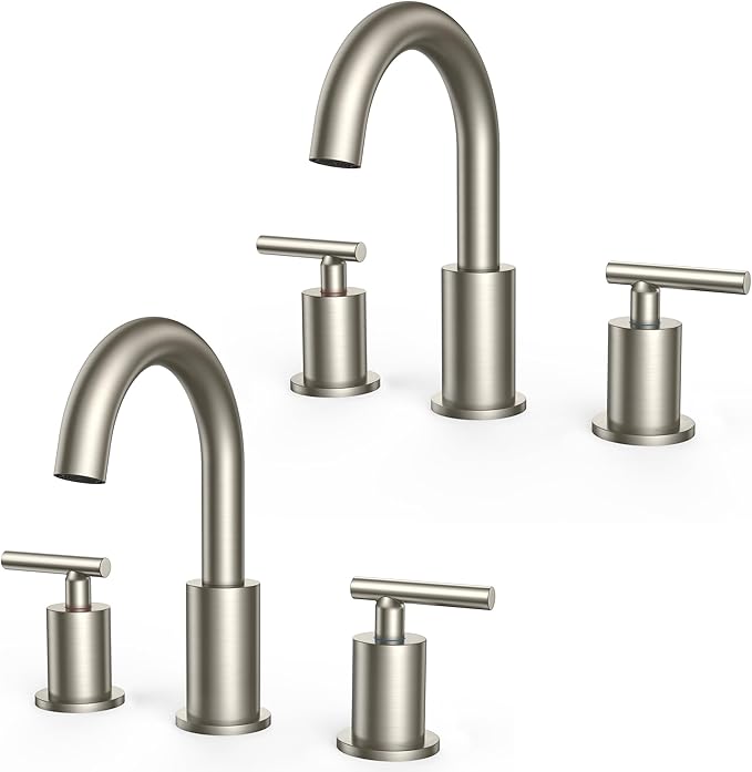 FORIOUS 2 Pack Brushed Nickel Bathroom Faucet 3 Hole with Pop Up Drain and 24" Supply Hose, 2 Handle 8 in Widespread 3 Hole Vanity Faucet for Bathroom Sink Brush Nickel with 360° Swivel Spout