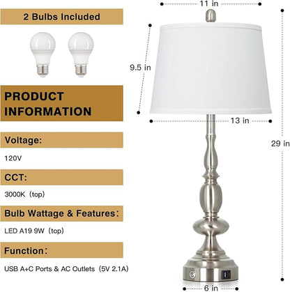 29" Tall Modern Silver Table Lamps Set of 2, 3-Way Dimmable Touch Living Room Lamp with USB A+C Charging Port, Brushed Nickel Metal Farmhouse Bedside lamp for Bedroom Nightstand Side Table Desk Office