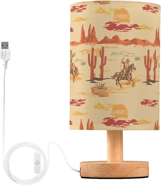 Bedside Lamp West Cowboy Horse Cactus Table Lamp for Bedroom LED Nightstand Lamp Shade USB Ports Wood Base for Living Room Dorm Office