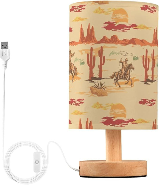 Bedside Lamp West Cowboy Horse Cactus Table Lamp for Bedroom LED Nightstand Lamp Shade USB Ports Wood Base for Living Room Dorm Office