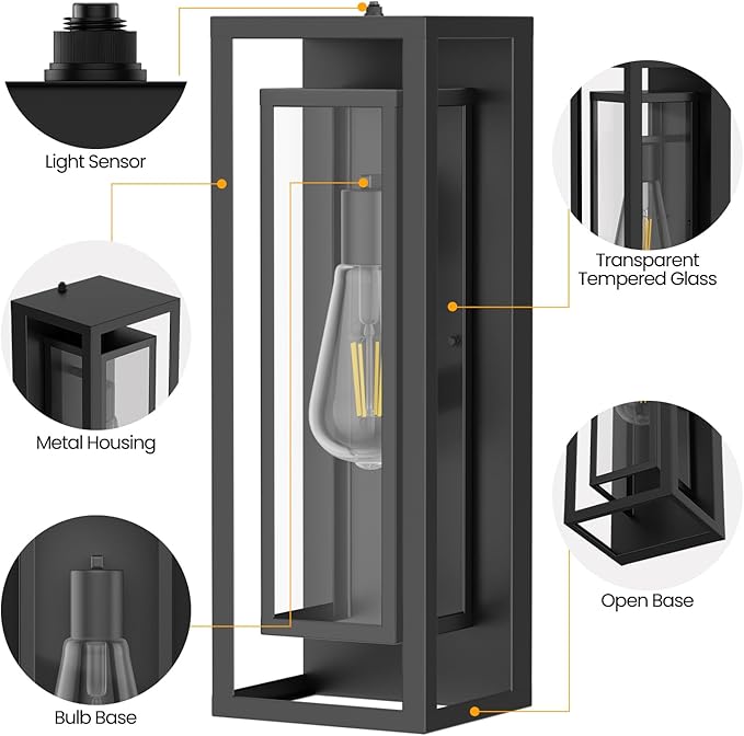 AIBISDO 18In Large Dusk to Dawn Outdoor Wall Light -2 Pack, Waterproof Outdoor Garage Lighting Fixtures with Clear Glass Shade, Auto On/Off Porch Light for Patio, Garage, Front Door（Black）
