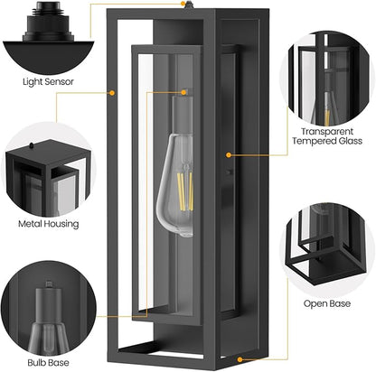 AIBISDO 18In Large Dusk to Dawn Outdoor Wall Light -2 Pack, Waterproof Outdoor Garage Lighting Fixtures with Clear Glass Shade, Auto On/Off Porch Light for Patio, Garage, Front Door（Black）