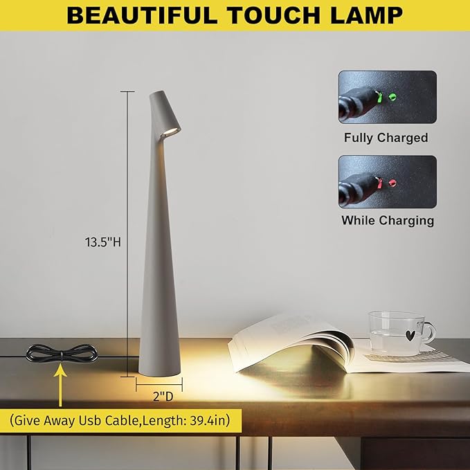 Cordless Small Table Lamps Set of 2,3 Levels Brightness Portable Desk Lamp,Rechargeable Battery Lights for Outdoor, Restaurant, Bedside, Baby Night Light(Grey)