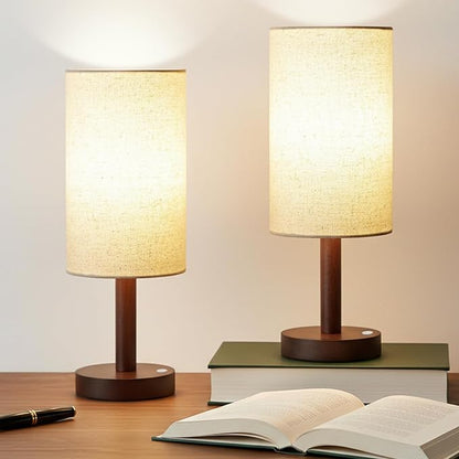 Small Table Lamp Nightstand Lamp Linen Lampshade Bedroom Wood Base Small Bedside Lamp for Night Stands, Desk Lamps for Reading Living Room, Office (LED Bulb Included) (Walnut Wood Cordless(2))