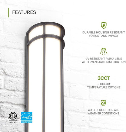 ASD LED 24" Half Cylinder Wall Light Fixture, Outdoor Patio Sconce | 3CCT, Stainless Steel, Waterproof, Energy Star, ETL Listed | 24W 1970LM 3000-5000K 100-277V | Exterior Lighting | Dark Bronze