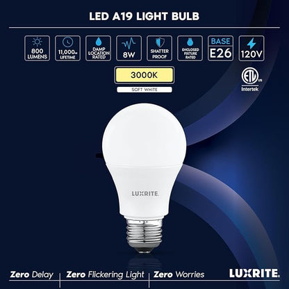LUXRITE A19 LED Light Bulb 60 Watt Equivalent, Non-Dimmable, 3000K Soft White, 800LM, Standard LED Light Bulbs 8W, E26 Base, Enclosed Fixture Rated, Damp Rated, ETL Listed (24 Pack)