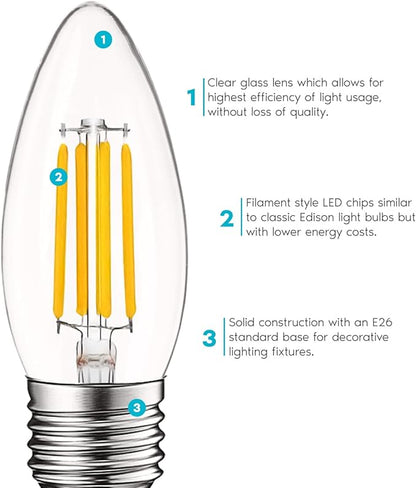 LUXRITE 5W Vintage E26 Candelabra LED Bulbs 60W Equivalent, 550 Lumens, 2700K Warm White Dimmable, Medium Base Candelabra Bulb, Torpedo Tip Clear Glass, Edison Filament Light Bulb, UL Listed (6 Pack)