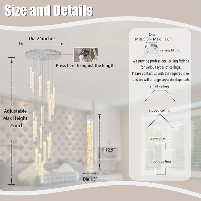 H125'' Modern Crystal Chandelier 18-Lights Large Foyer Chandelier Crystal Pendant Ceiling Light for Staircaes Hallway Entrance Silver