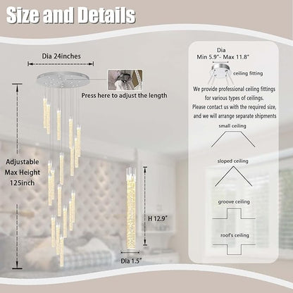 H125'' Modern Crystal Chandelier 18-Lights Large Foyer Chandelier Crystal Pendant Ceiling Light for Staircaes Hallway Entrance Silver