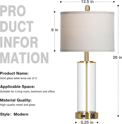 26" Gold Glass Table Lamps Set of 2, 3-Way Dimmable Touch Control Glass Lamps for Living Room, Modern Bedroom Lamp with USB C+A Ports & Outlet, Classic Bedside Lamp for Nightstand Side End Decoration