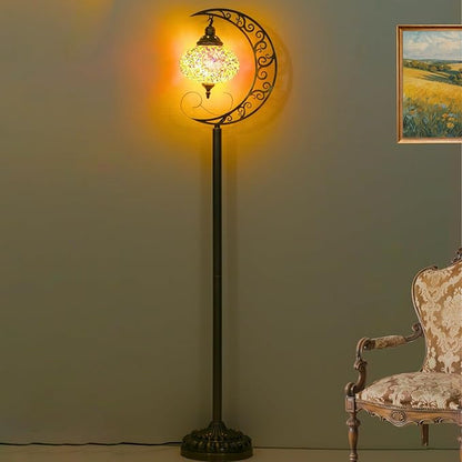 3D Crescent Moon Turkish Floor Lamp - 60 Inch Boho Lamp, 8 Inch Stained Glass Shade, Handmade for Living Room, Bulb Included (Multicolor,YUELFL-02)