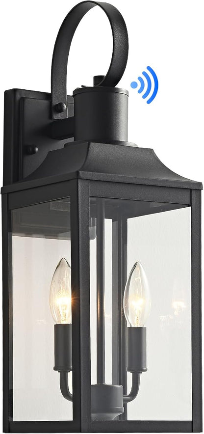 18.9" Black Dusk to Dawn Outdoor Lighting, 2-Light Industrial Porch Light with Clear Glass, Waterproof Farmhouse Outside Light Fixture Wall Mount for Porch, Patio, Garage (1 Pack)