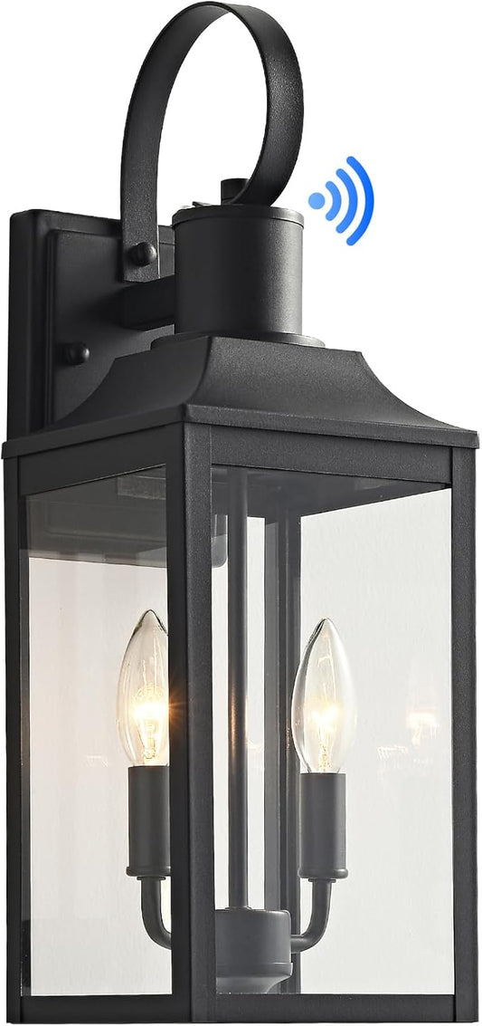 18.9" Black Dusk to Dawn Outdoor Lighting, 2-Light Industrial Porch Light with Clear Glass, Waterproof Farmhouse Outside Light Fixture Wall Mount for Porch, Patio, Garage (1 Pack)